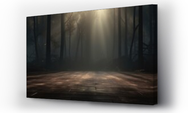Wizualizacja Obrazu : #691341407 a wood table in a dark forest with lights