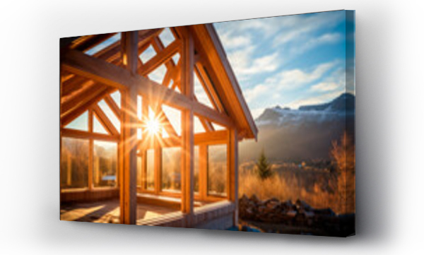 Wizualizacja Obrazu : #691397809 Wooden frame house under construction near mountains. Idea of contemporary ecological construction.