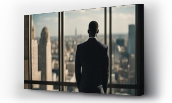 Wizualizacja Obrazu : #691678451 Back view of a black man in a suit looking out at the city through a window.