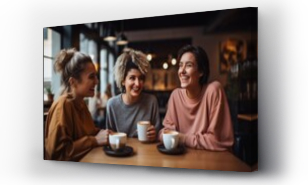 Wizualizacja Obrazu : #691730982 Group of female friends having a coffee together. Three women at cafe, talking, laughing and enjoying their time. Lifestyle and friendship concepts .