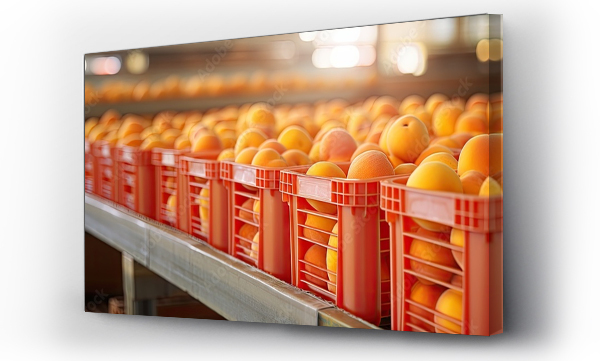 Wizualizacja Obrazu : #691916264 Closeup of stacks of plastic fruit boxes with fresh ripe peaches in storage warehouse. Copy space image. Place for adding text