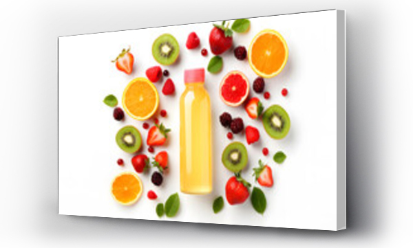 Wizualizacja Obrazu : #692082004 Bottle with multi vitamin fruit juice surrounded by ingredients on white background.