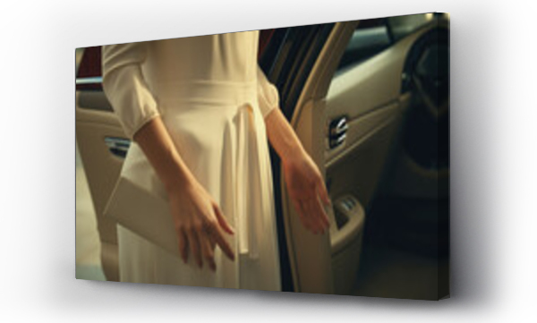Wizualizacja Obrazu : #692111310 Close-up cropped photo of elegant business woman getting into car, hand opening car door. A new car, a carsharing service with business class cars.