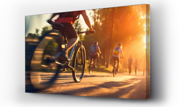 Wizualizacja Obrazu : #692257737 Cyclists riding a bike on a trail outdoors at golden hour