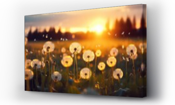 Wizualizacja Obrazu : #692304880 A field of dandelions under the sunsets warm glow, with bokeh effects, evoking the beauty of nature and the potential for allergies