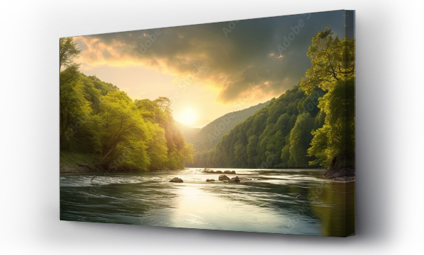 Wizualizacja Obrazu : #693057405 Riverside serenity. Tranquil landscape nature unveils beauty majestic river flowing through lush forest embraced by warmth of setting sun