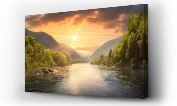 Wizualizacja Obrazu : #693057424 Riverside serenity. Tranquil landscape nature unveils beauty majestic river flowing through lush forest embraced by warmth of setting sun