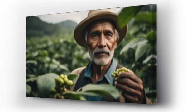 Wizualizacja Obrazu : #693116447 portrait of old farmer on arabica coffee plantation with raw coffee berries

