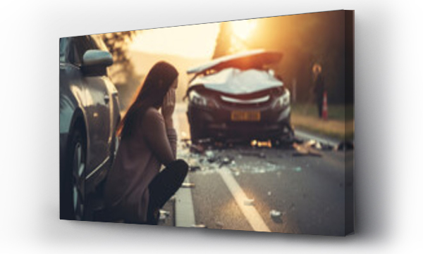 Wizualizacja Obrazu : #693125159 A female motorist has a car accident asking for roadside assistance or an insurance company standing on the road after a car accident.
