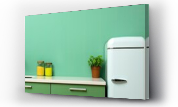 Wizualizacja Obrazu : #693167339 Retro fridge and sink on kitchen counter near green wall.