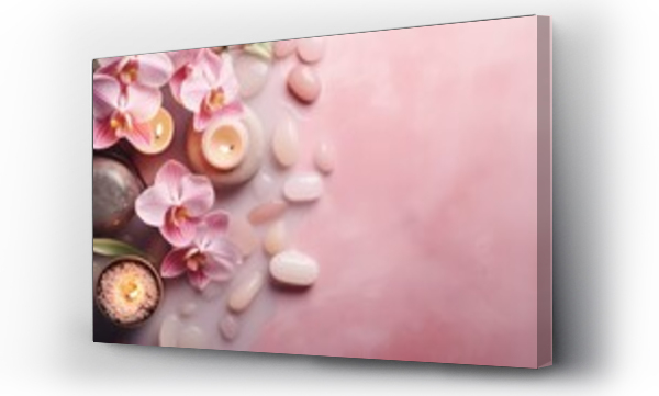Wizualizacja Obrazu : #693180784 Pink spa background with orchids, candles and sea stones. Top view copy cpace