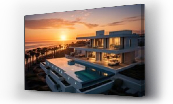 Wizualizacja Obrazu : #693296382 A very nice modern villas with a large and open window in sea beach at sunset. Generative AI.