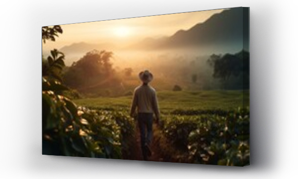 Wizualizacja Obrazu : #693410556 strolling through a coffee field at sunrise: man with hat enjoying serene morning moments