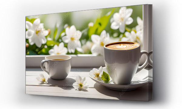 Wizualizacja Obrazu : #693462353 Two cups of coffee on a table by the window, spring scenery with white flowers. Generative Ai
