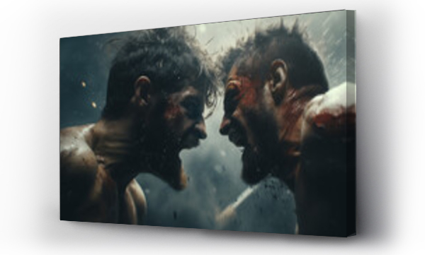 Wizualizacja Obrazu : #693536876 Challenge of two male fighters facing each other in profile. Angry, bloodied boxers shouting at each other, isolated against a dusty background. Poster for a duel