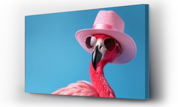 Wizualizacja Obrazu : #693558418 Stylish pink flamingo wearing hat and sunglasses on defocused background with copy space