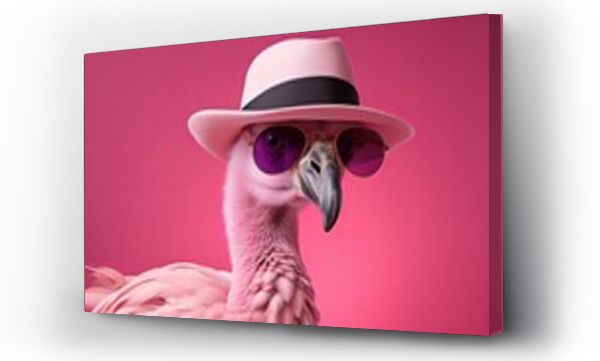 Wizualizacja Obrazu : #693558593 Fashionable pink flamingo with hat and sunglasses in studio shot on blurred background