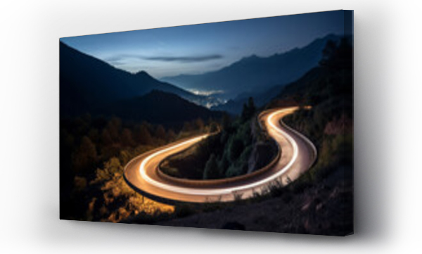 Wizualizacja Obrazu : #693638334 Aerial panoramic view of curvy mountain road with trailing lights at night. Winding road with car speed lights. Beautiful countryside landscape