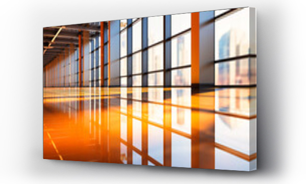 Wizualizacja Obrazu : #693914462 Modern Corporate Office Hallway with Reflective Orange Floors and Glass Paneled Walls at Sunset