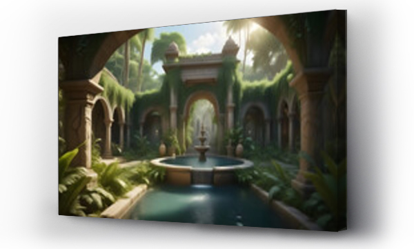 Wizualizacja Obrazu : #694231170 A hidden jungle place with stone furniture, vines, secret garden, golden water fountain ai generation