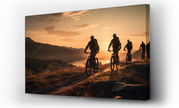 Wizualizacja Obrazu : #694433805 Silhouette group friend and bike on blurry sunset background.
