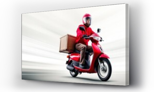 Wizualizacja Obrazu : #694720159 fast Red Delivery man riding a motorcycle with red delivery box, white background