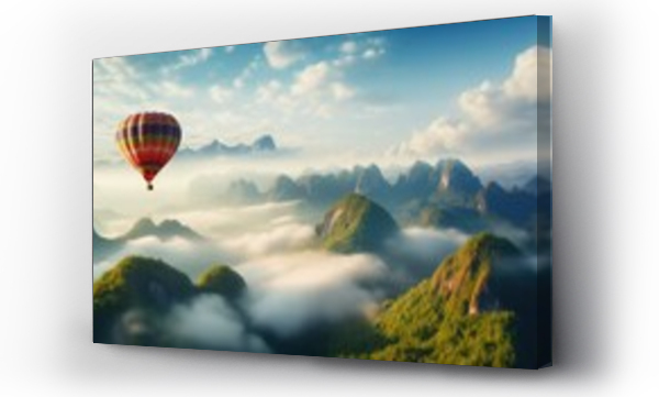 Wizualizacja Obrazu : #694771424 Colorful hot air balloon floating effortlessly over a majestic mountain range. Sharp-focus, intricate details, and vibrant colors create a breathtaking panorama