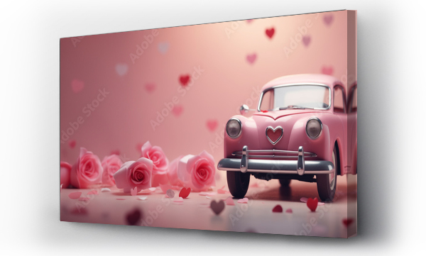 Wizualizacja Obrazu : #694855648 
pink retro car with hearts on a pastel background. card for valentines day