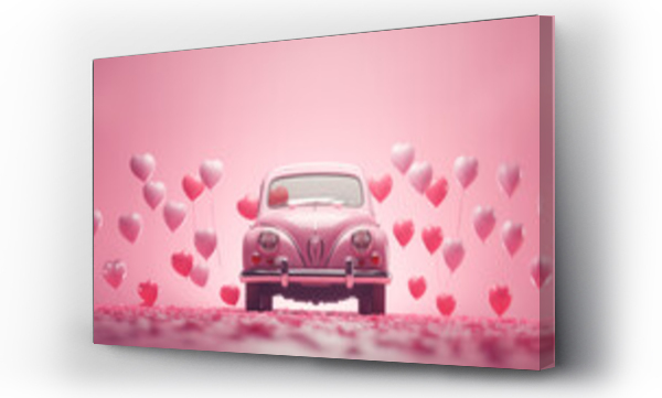 Wizualizacja Obrazu : #694855684 
pink retro car with hearts on a pastel background. card for valentines day