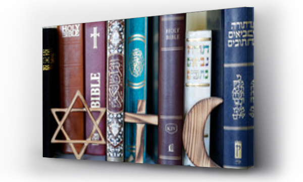 Wizualizacja Obrazu : #694890946 Christianity, Islam and Judaism, Bible, Quran and Torah, interreligious symbols, faith and spirituality concept