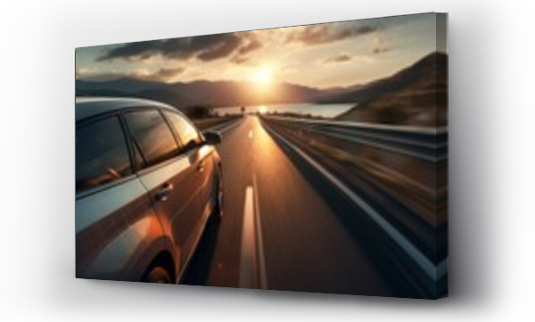 Wizualizacja Obrazu : #694897014 Modern car driving fast on mountain view road at sunset
