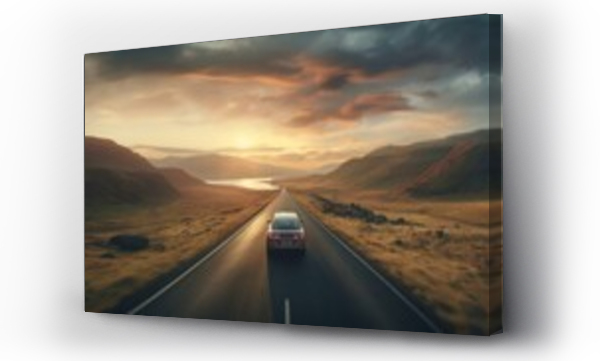 Wizualizacja Obrazu : #694897230 Small car on mountain landscape road at sunset