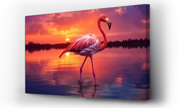 Wizualizacja Obrazu : #695455818 Beautiful pink flamingo in lake with reflection on beautiful sunset background. Generative AI