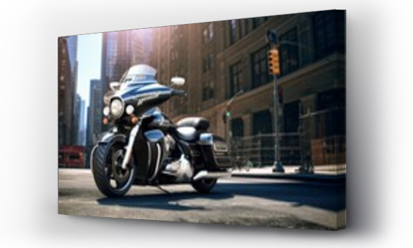 Wizualizacja Obrazu : #695511335 A police motorcycle parked in front of an iconic city landmark, the sleek design and polished chrome capturing the essence of urban law enforcement
