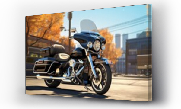 Wizualizacja Obrazu : #695511551 A police motorcycle parked in front of an iconic city landmark, the sleek design and polished chrome capturing the essence of urban law enforcement