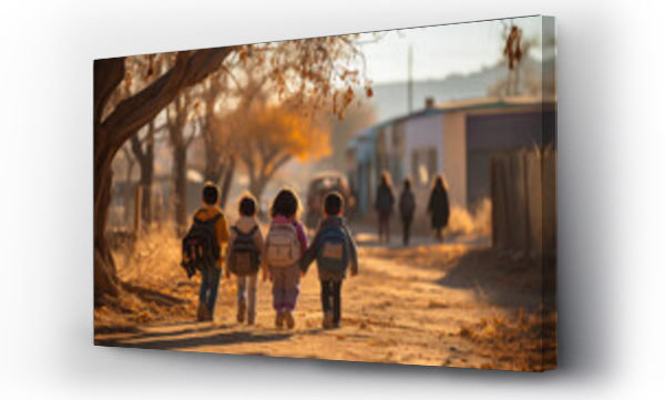 Wizualizacja Obrazu : #695575143 group of young children walking down the street with backpacks to school