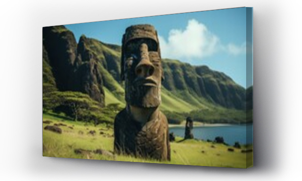Wizualizacja Obrazu : #695610161 Moai Statue on Easter Island: A solitary Moai statue against a blue sky and green landscape, representing mystery and ancient civilization.