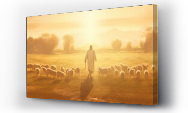Wizualizacja Obrazu : #695774256 A bible jesus shepherd with his flock of sheep during sunset. Generative AI