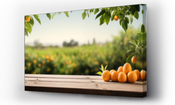 Wizualizacja Obrazu : #695791083 oranges fruits on wooden table with farms views background for products montage, healthy food collection for represent concept of organic fruits, fresh ingredient, food and wellness theme