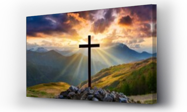 Wizualizacja Obrazu : #695899719 jesus christ cross easter resurrection concept christian cross on a background with dramatic lighting colorful mountain sunset dark clouds and sky and sunbeams