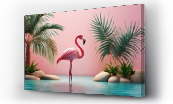 Wizualizacja Obrazu : #695915507 pink flamingo and palm tree on pink summer background 3d rendering 3d illustration