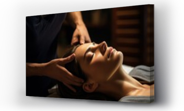 Wizualizacja Obrazu : #696045541 Relaxing Head Massage at a Tranquil Spa. Woman receiving a calming head massage in a softly lit spa environment.