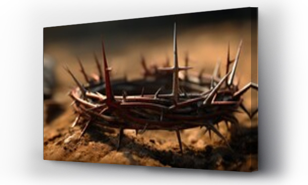 Wizualizacja Obrazu : #696062998 Passion of Jesus Christ with a hammer, bloody nails, and crown of thorns on arid ground, featuring a defocused background. Perfect for marketing religious art,