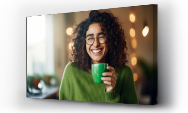 Wizualizacja Obrazu : #696170183 Cheerful young woman with curly hair wearing large round glasses and a sweater. She is holding a mug