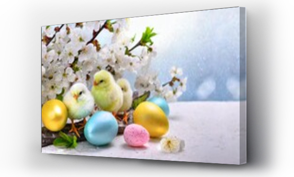 Wizualizacja Obrazu : #696339920 Wielkanocne jasne t?o z kurcz?tami, kolorowymi pisankami i pokrytymi kwiatami ga??zkami drzewa