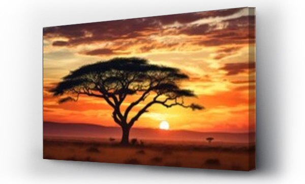 Wizualizacja Obrazu : #696713507 African savannah sunset with acacia trees in Serengeti National Park, Tanzania, African savannah scene with acacia trees during sunset in Serengeti National Park, Tanzania, AI Generated
