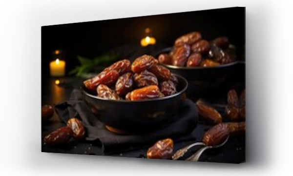 Wizualizacja Obrazu : #696725563 Medjool dates in bowl on black background. Selective focus, Big luxury dried date fruit in bowls on the dark surface, AI Generated