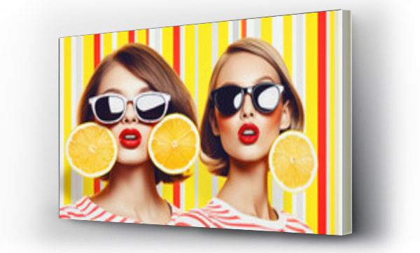 Wizualizacja Obrazu : #696751267 abstract composition of fruits and two girls in sunglasses on a bright yellow background