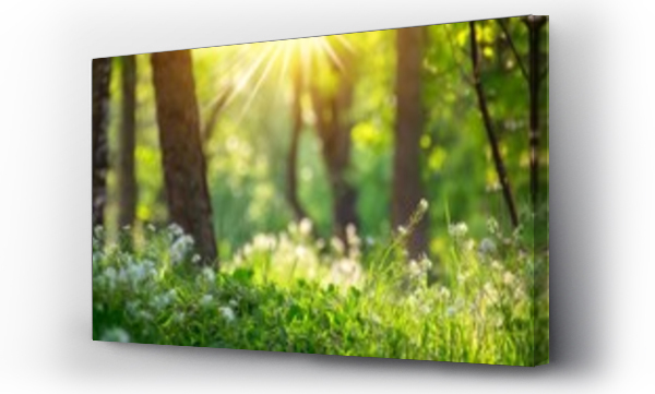 Wizualizacja Obrazu : #696809618 defocused green trees in forest or park with wild grass and sun beams beautiful summer spring natural background