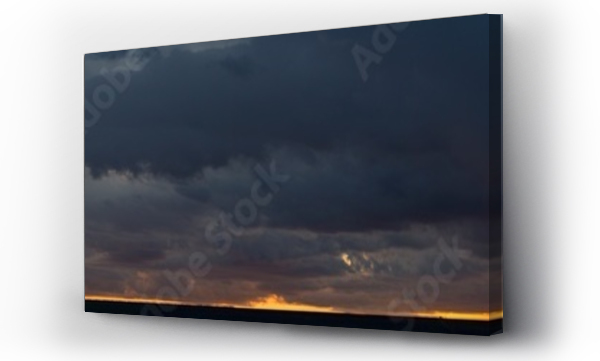 Wizualizacja Obrazu : #697049216 Landscape at sunset. A thunderstorm is approaching the village. Tragic gloomy sky. Panorama.